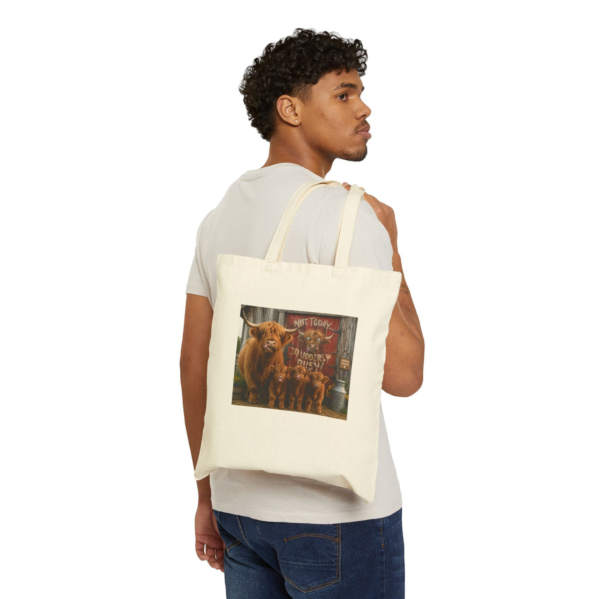 Highland Cow Family Canvas Tote Bag — Rustic Farmhouse Grocery & Market Bag