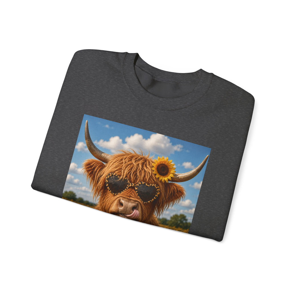 Cow with Personality Sweatshirt — Sunflower Highland Cow Crewneck