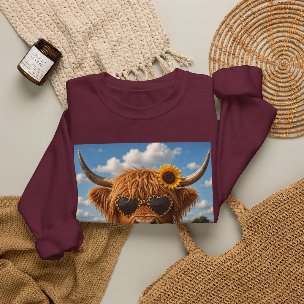 Cow with Personality Sweatshirt — Sunflower Highland Cow Crewneck