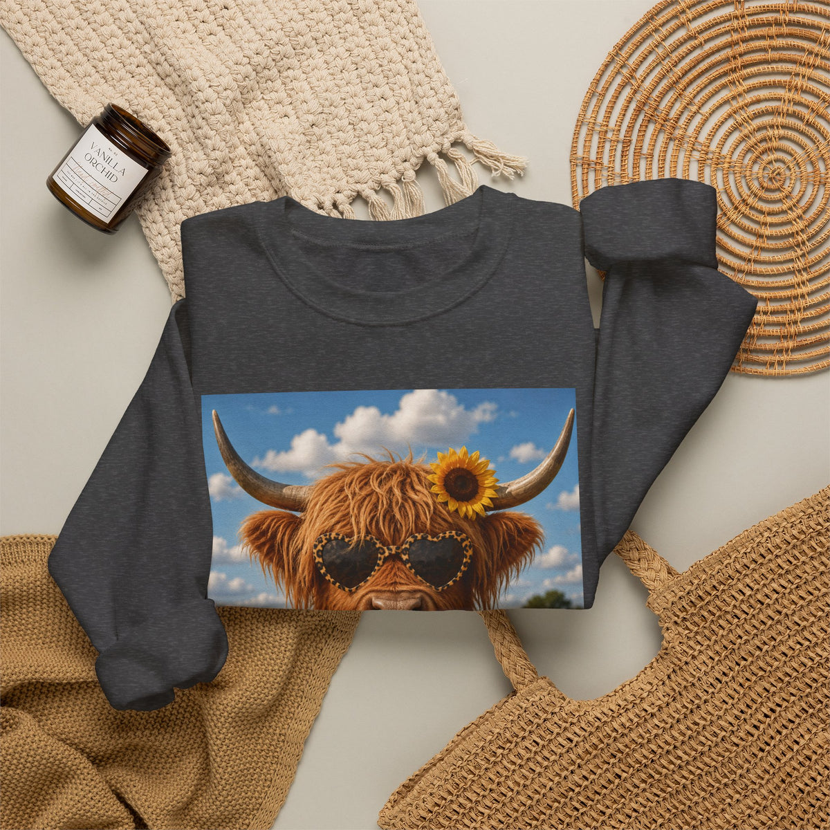 Cow with Personality Sweatshirt — Sunflower Highland Cow Crewneck