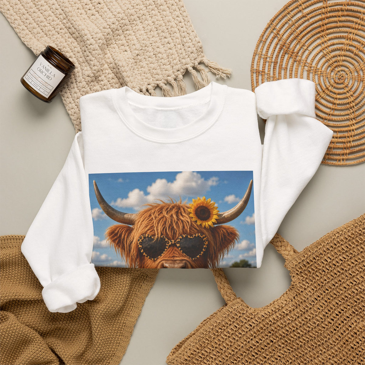 Cow with Personality Sweatshirt — Sunflower Highland Cow Crewneck