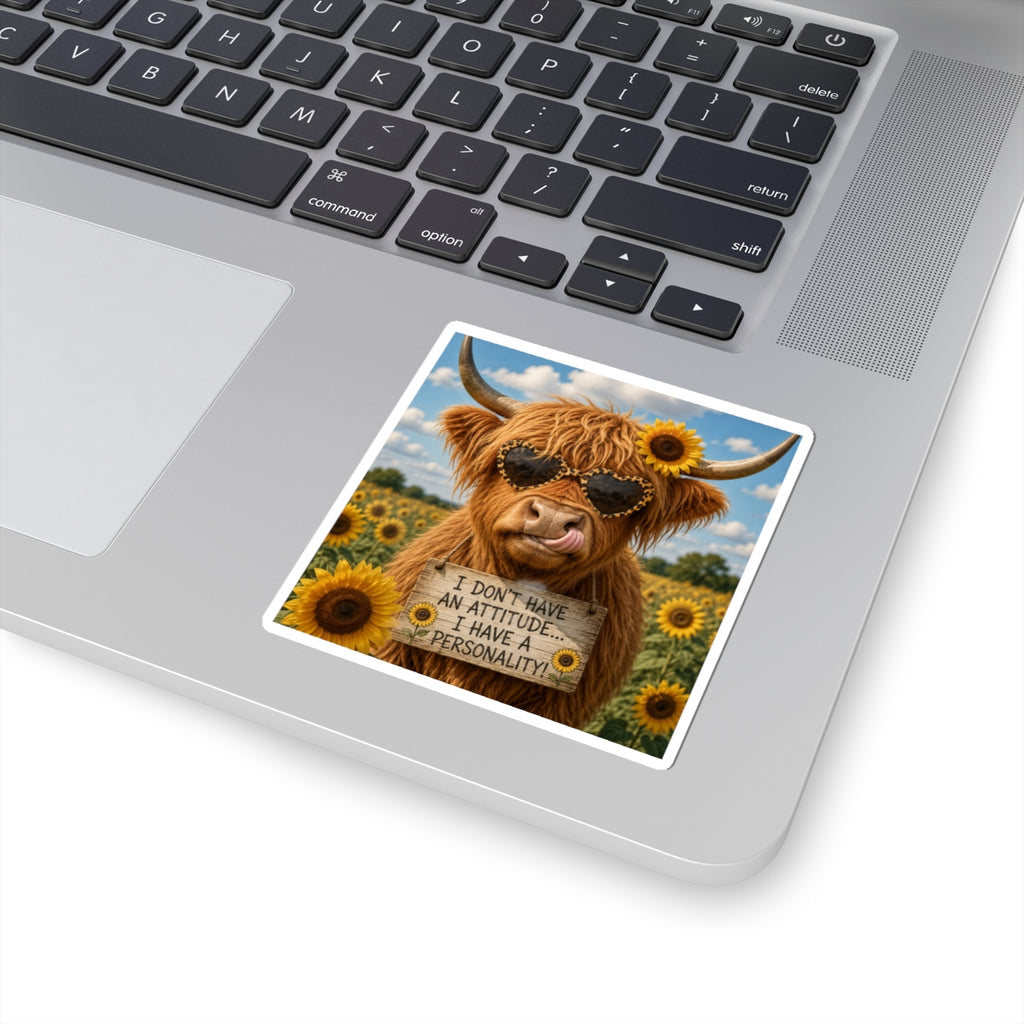 Highland Cow Sticker – "I Don't Have an Attitude... I Have a Personality" Kiss-Cut Sticker