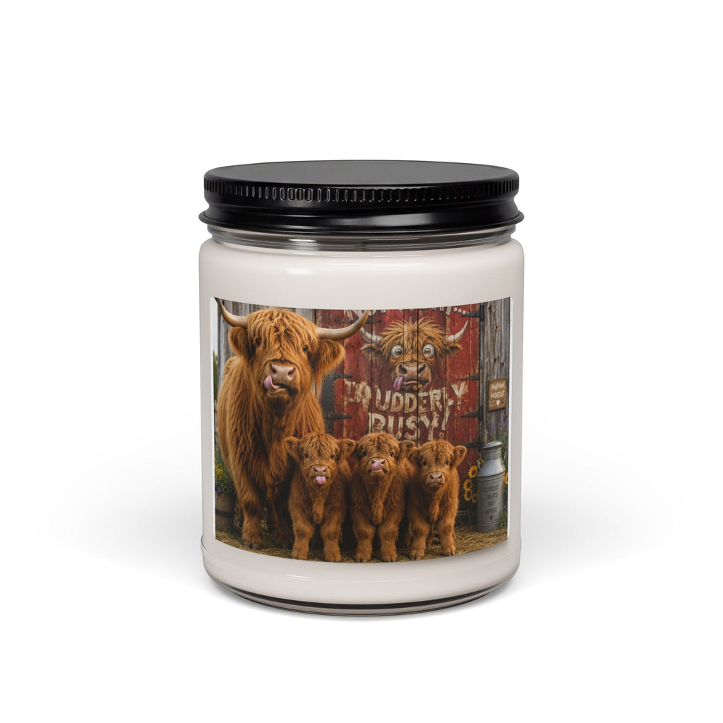 Highland Cow Family Soy Candle — Rustic Farmhouse Scented 9oz Jar