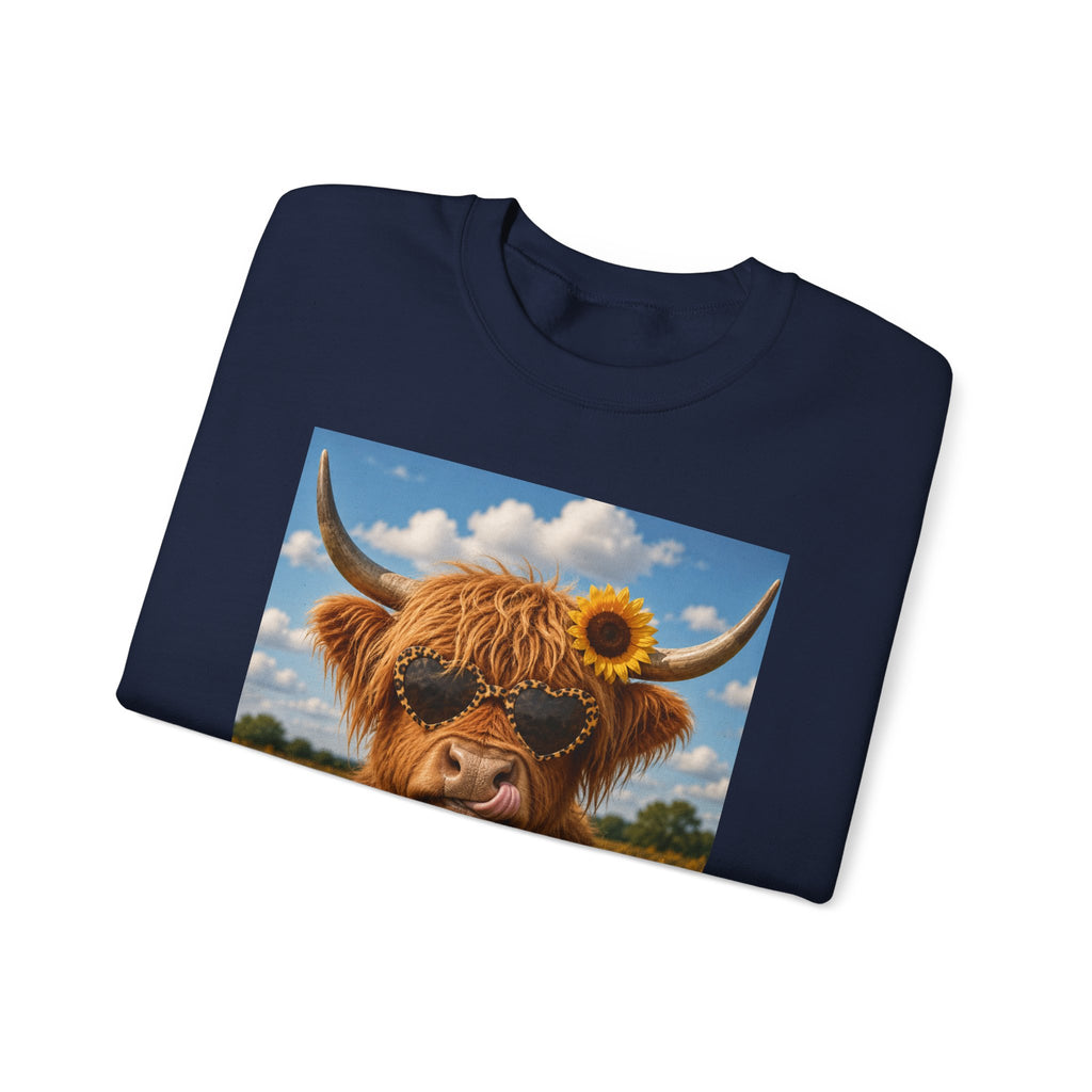 Cow with Personality Sweatshirt — Sunflower Highland Cow Crewneck