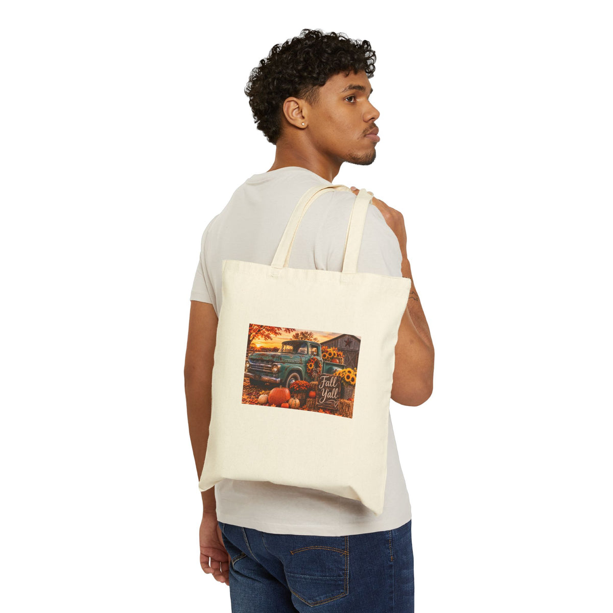 Autumn Vintage Truck Tote — Fall Pumpkin & Sunflower Cotton Canvas Bag