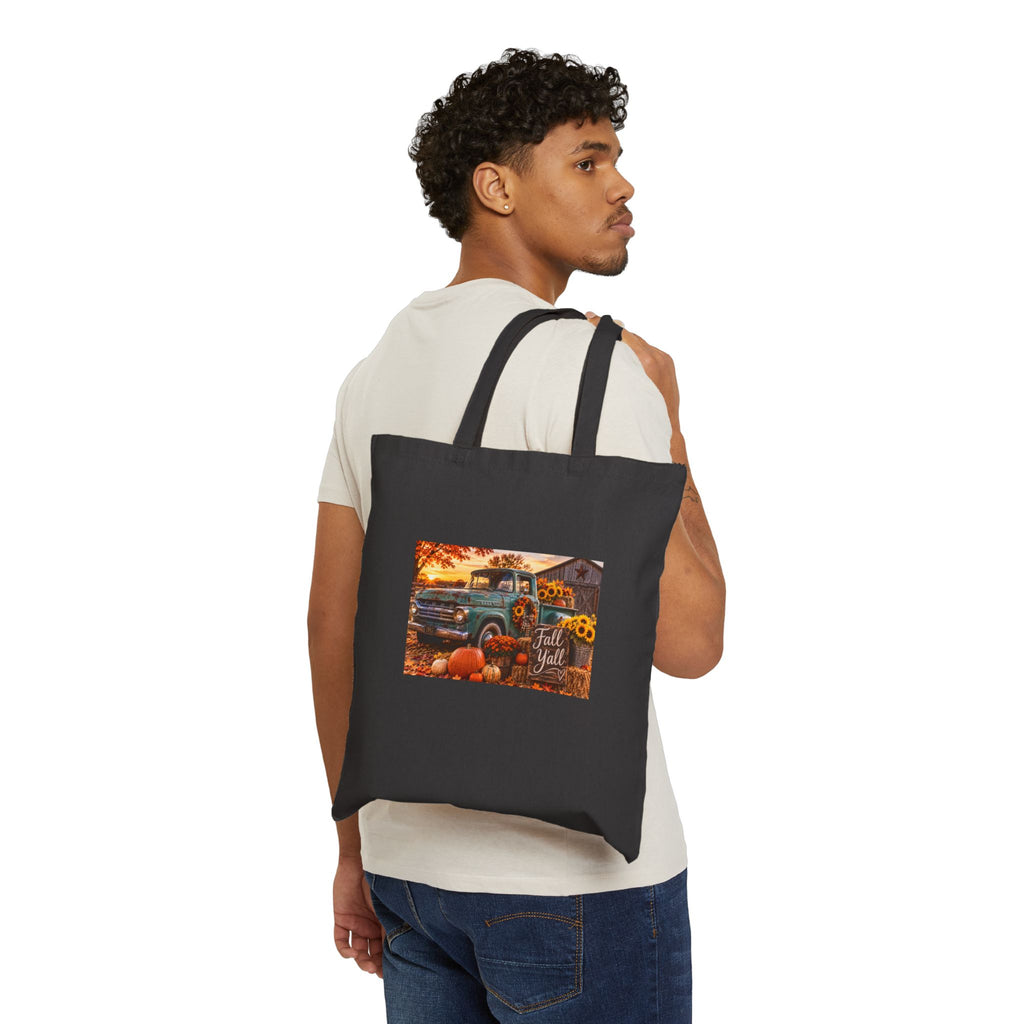 Autumn Vintage Truck Tote — Fall Pumpkin & Sunflower Cotton Canvas Bag
