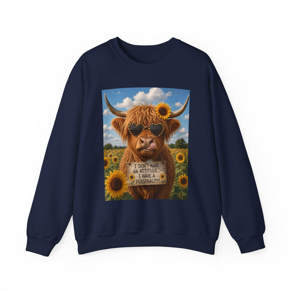Highland Cow Sweatshirt – "I Don't Have An Attitude, I Have A Personality" Sunflower Graphic Crewneck