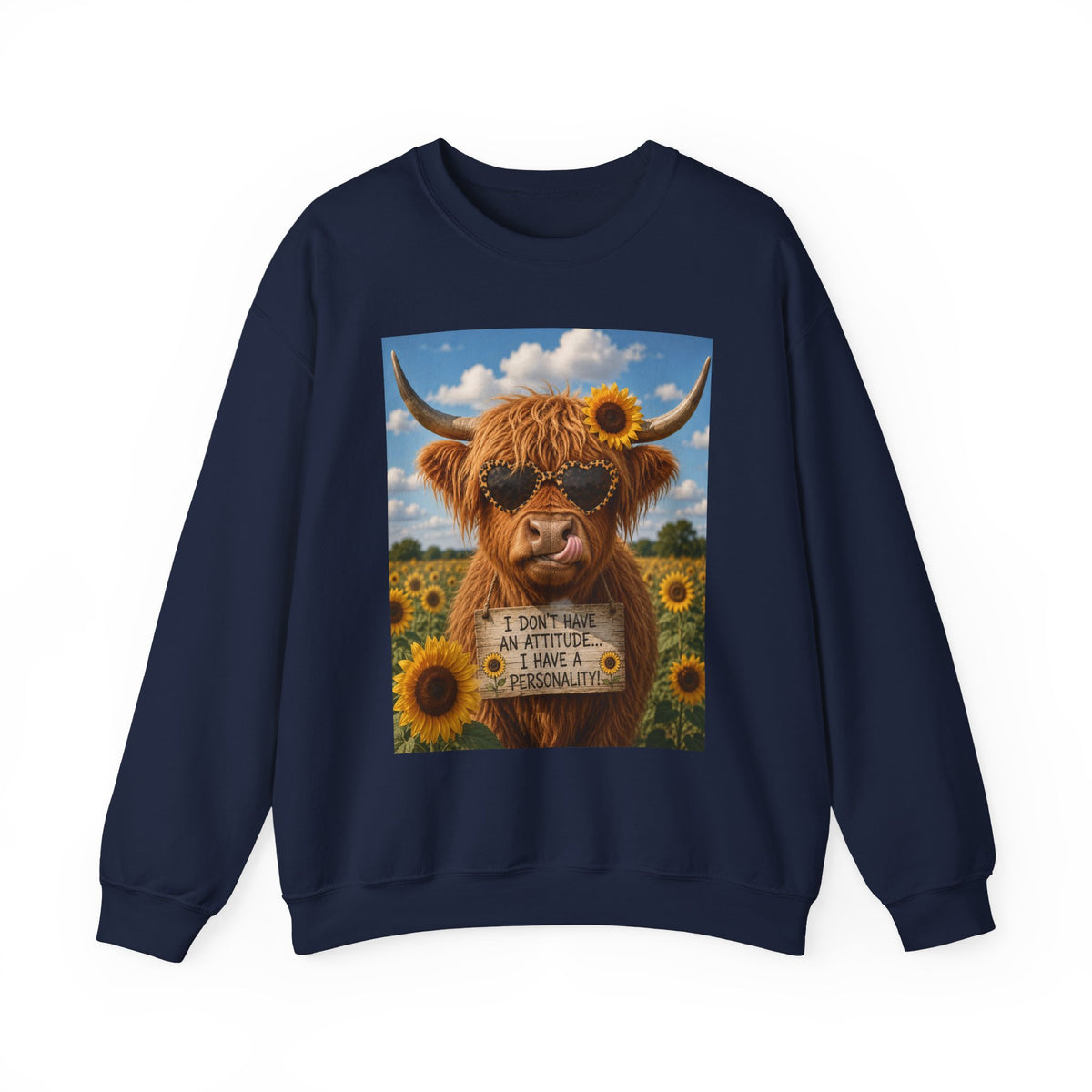 Highland Cow Sweatshirt – "I Don't Have An Attitude, I Have A Personality" Sunflower Graphic Crewneck