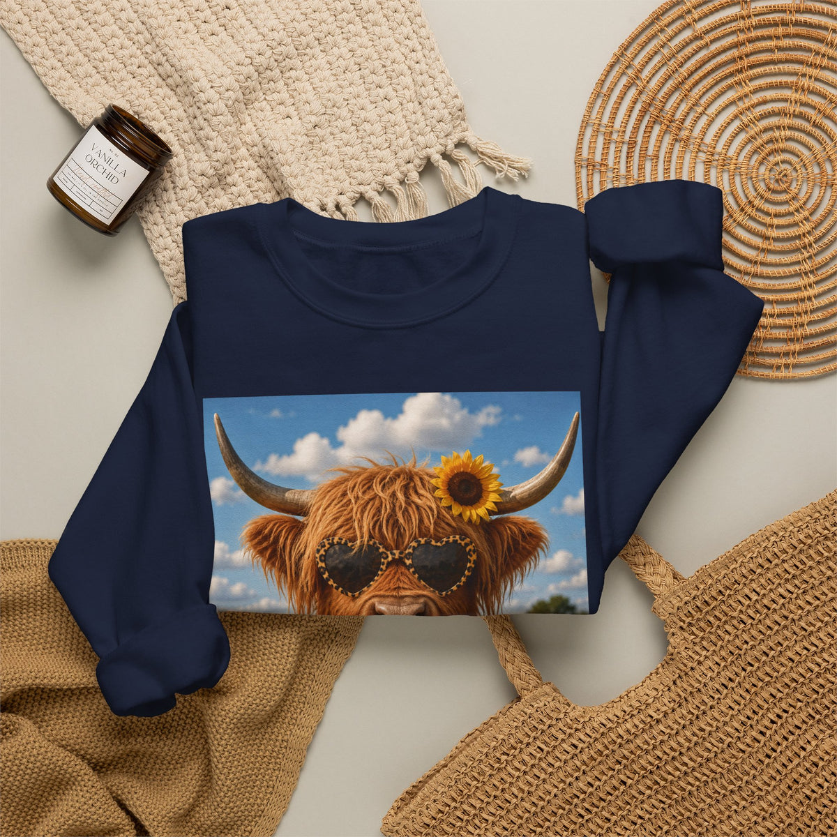 Cow with Personality Sweatshirt — Sunflower Highland Cow Crewneck
