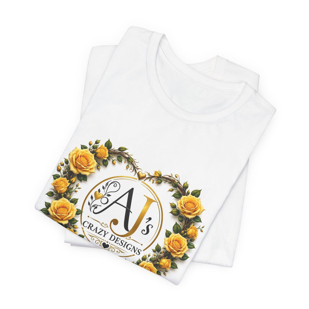 Yellow Rose Heart Monogram Tee — 'AJ Crazy Designs' Floral Logo T-Shirt