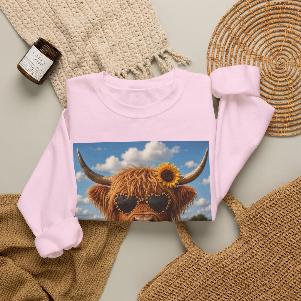 Cow with Personality Sweatshirt — Sunflower Highland Cow Crewneck