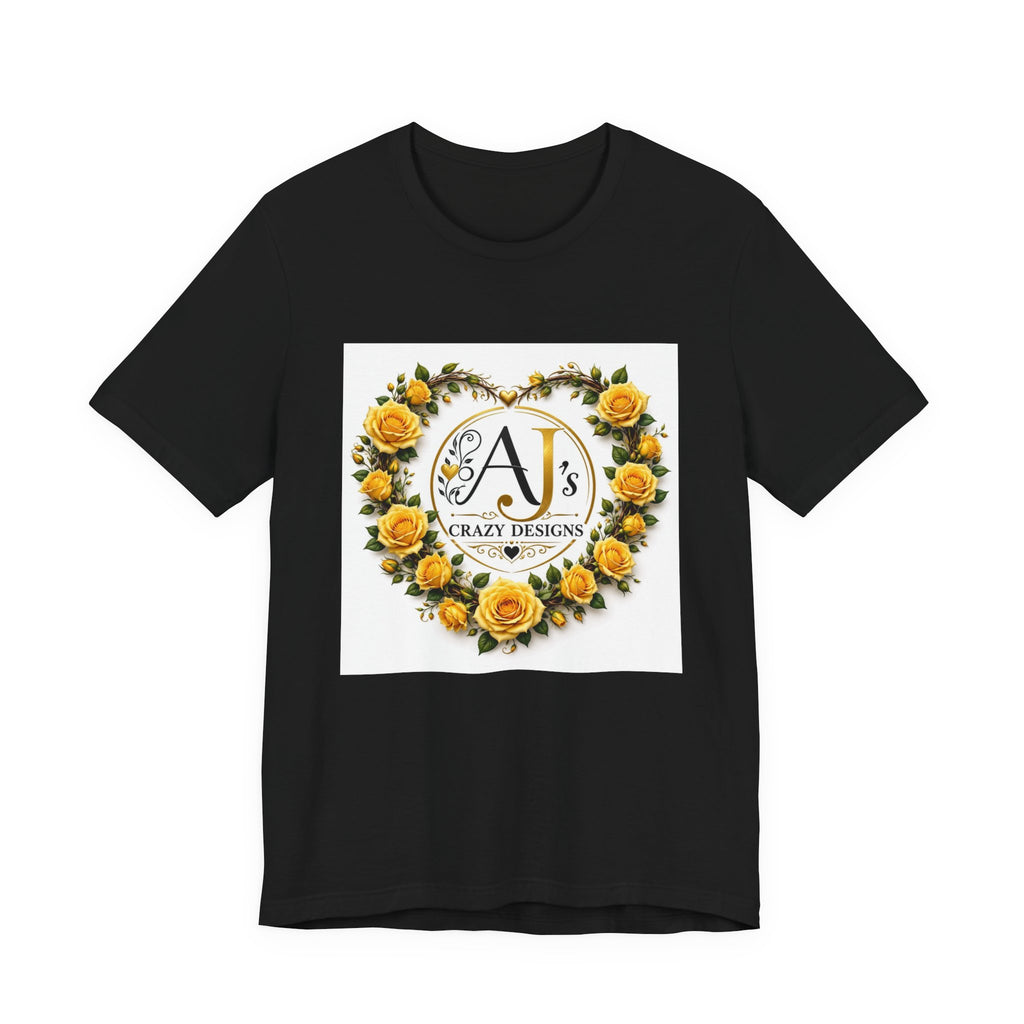 Yellow Rose Heart Monogram Tee — 'AJ Crazy Designs' Floral Logo T-Shirt