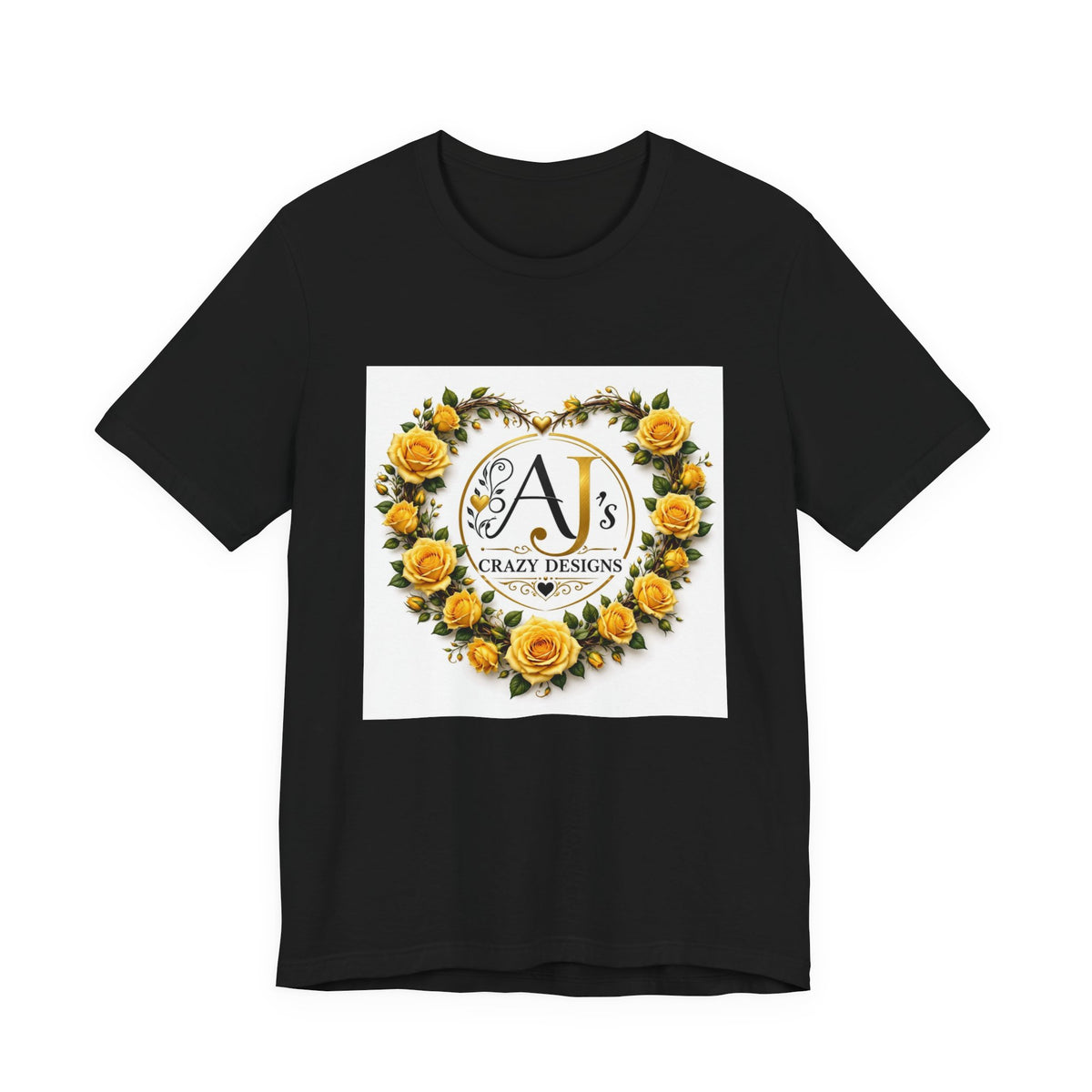 Yellow Rose Heart Monogram Tee — 'AJ Crazy Designs' Floral Logo T-Shirt