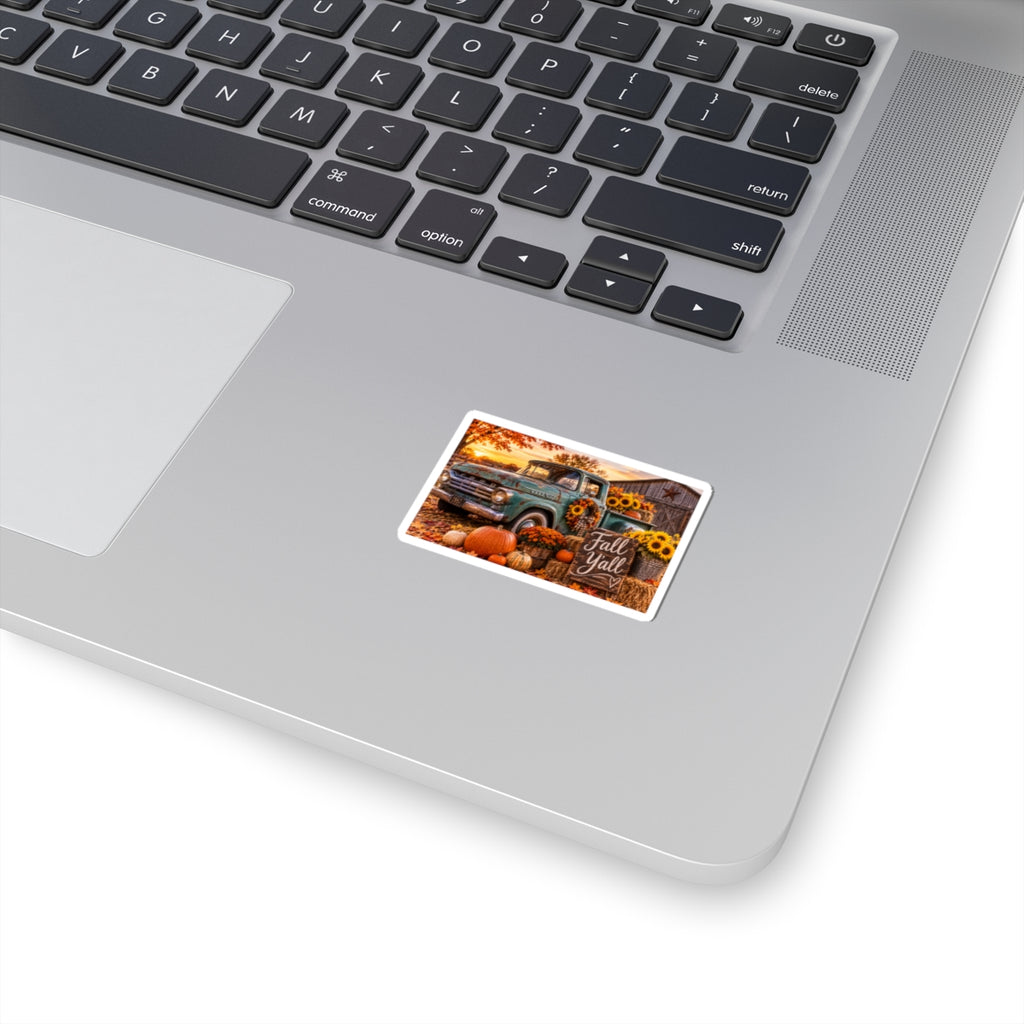 Fall Y'all Vintage Truck Sticker — Autumn Pumpkin & Sunflower Kiss-Cut Decal