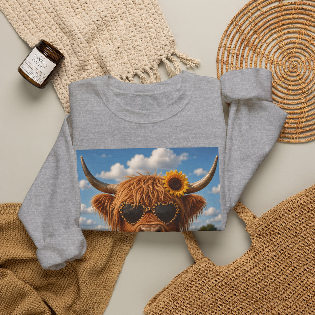 Cow with Personality Sweatshirt — Sunflower Highland Cow Crewneck
