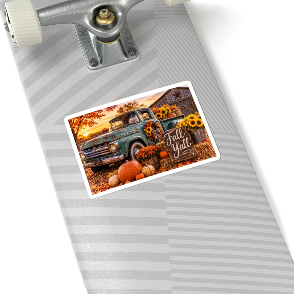 Fall Y'all Vintage Truck Sticker — Autumn Pumpkin & Sunflower Kiss-Cut Decal