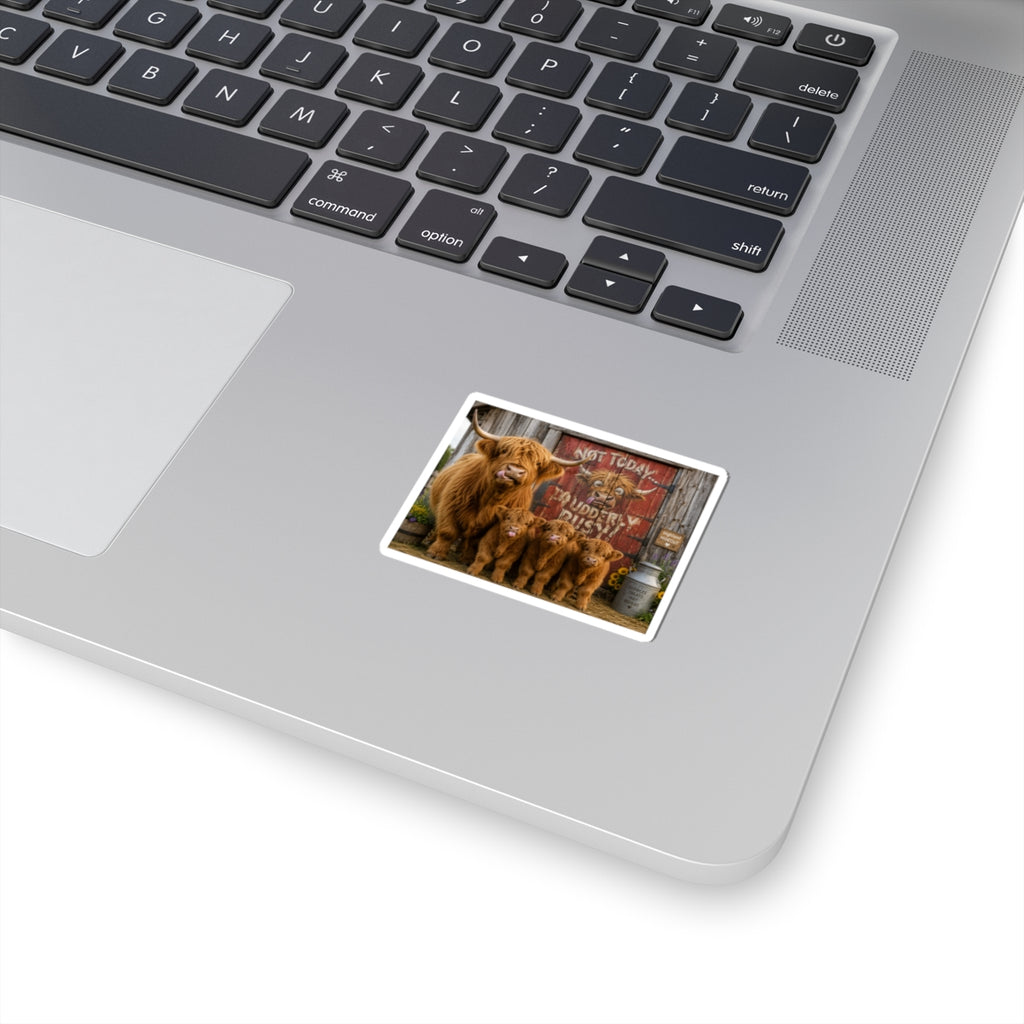 Highland Cow Family Sticker — 'Not Today, Udderly Busy' Kiss-Cut Sticker