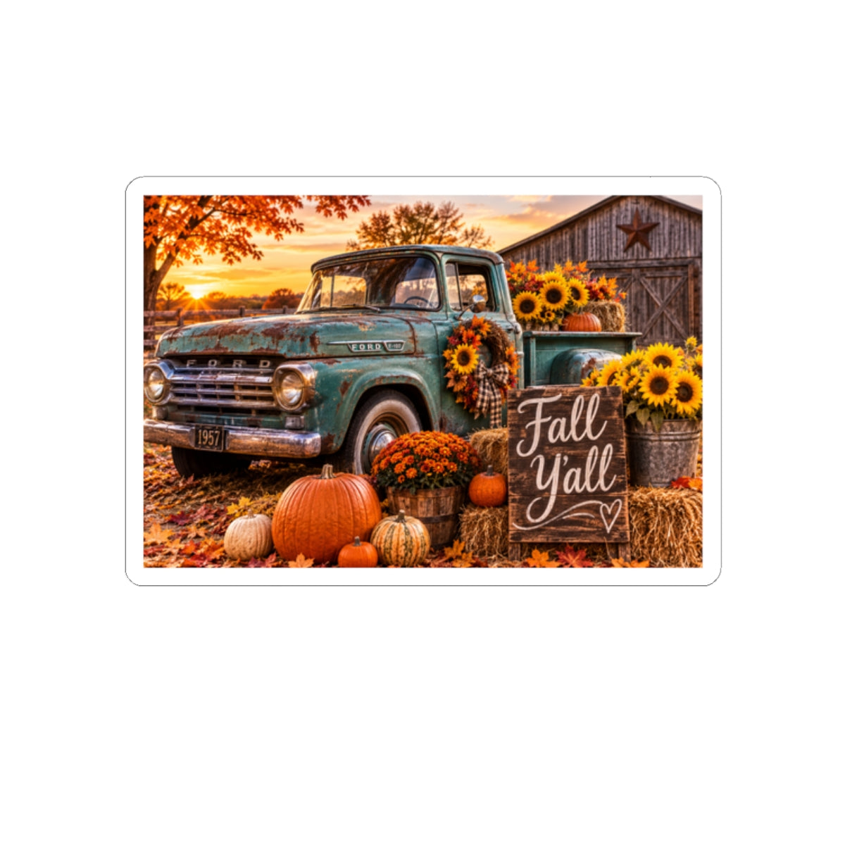 Fall Y'all Vintage Truck Sticker — Autumn Pumpkin & Sunflower Kiss-Cut Decal