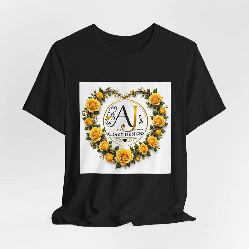 Yellow Rose Heart Monogram Tee — 'AJ Crazy Designs' Floral Logo T-Shirt