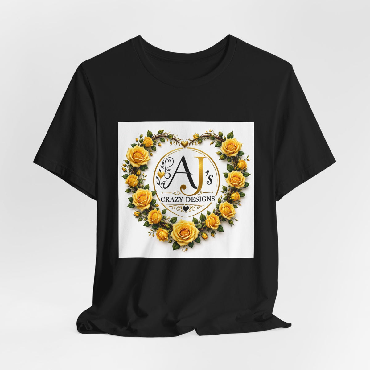 Yellow Rose Heart Monogram Tee — 'AJ Crazy Designs' Floral Logo T-Shirt