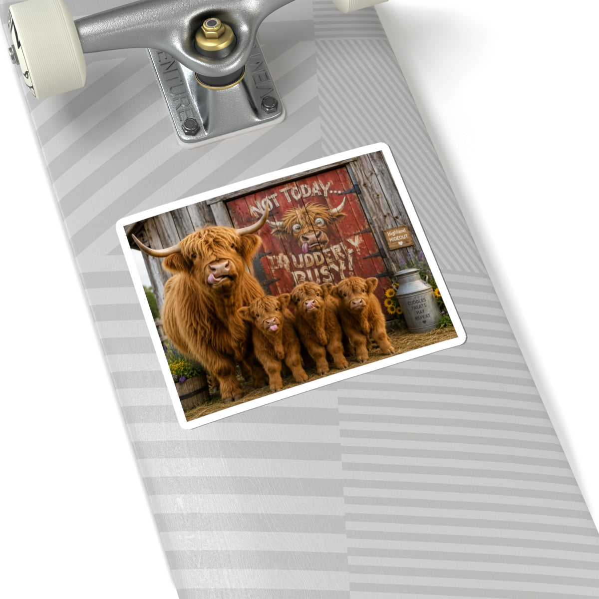 Highland Cow Family Sticker — 'Not Today, Udderly Busy' Kiss-Cut Sticker