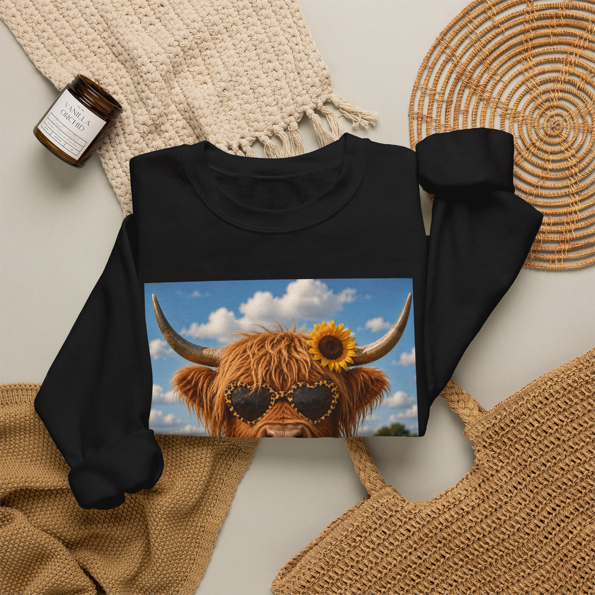 Cow with Personality Sweatshirt — Sunflower Highland Cow Crewneck