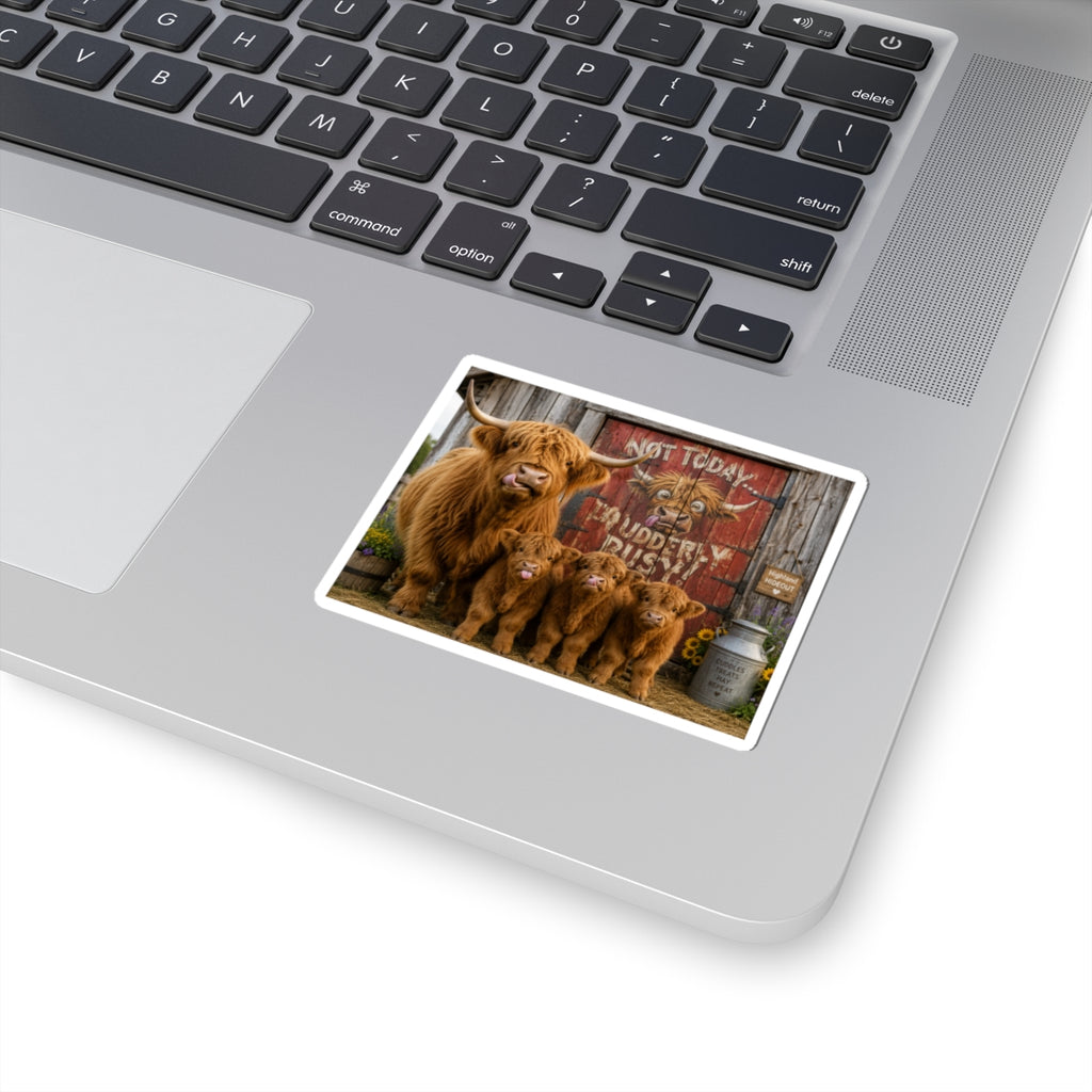 Highland Cow Family Sticker — 'Not Today, Udderly Busy' Kiss-Cut Sticker