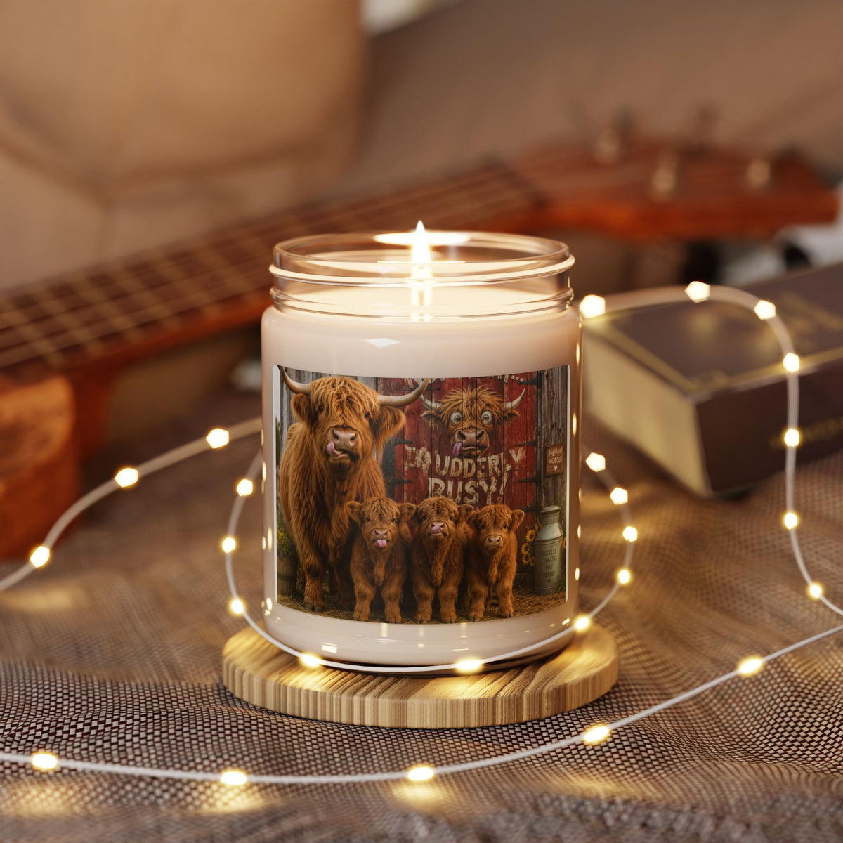 Highland Cow Family Soy Candle — Rustic Farmhouse Scented 9oz Jar
