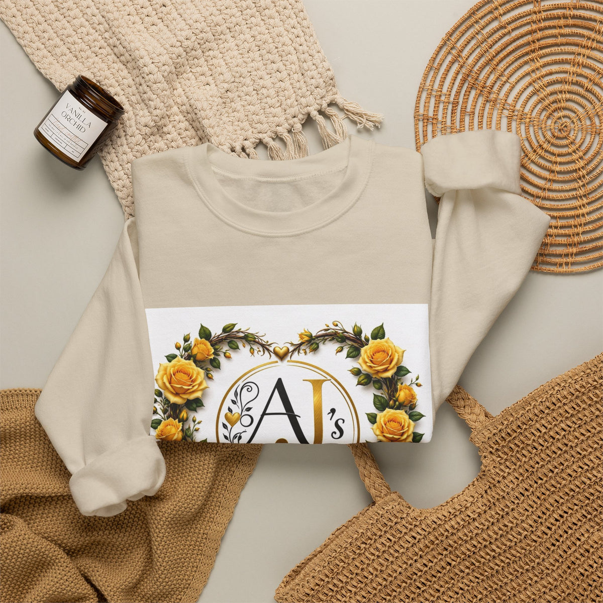 Crewneck Sweatshirt — Yellow Rose Wreath Monogram "A" Design