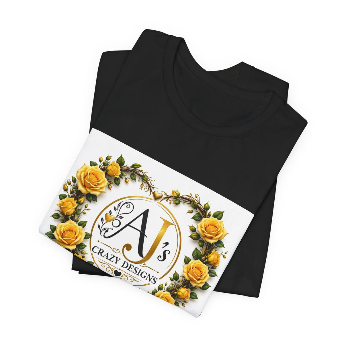 Yellow Rose Heart Monogram Tee — 'AJ Crazy Designs' Floral Logo T-Shirt