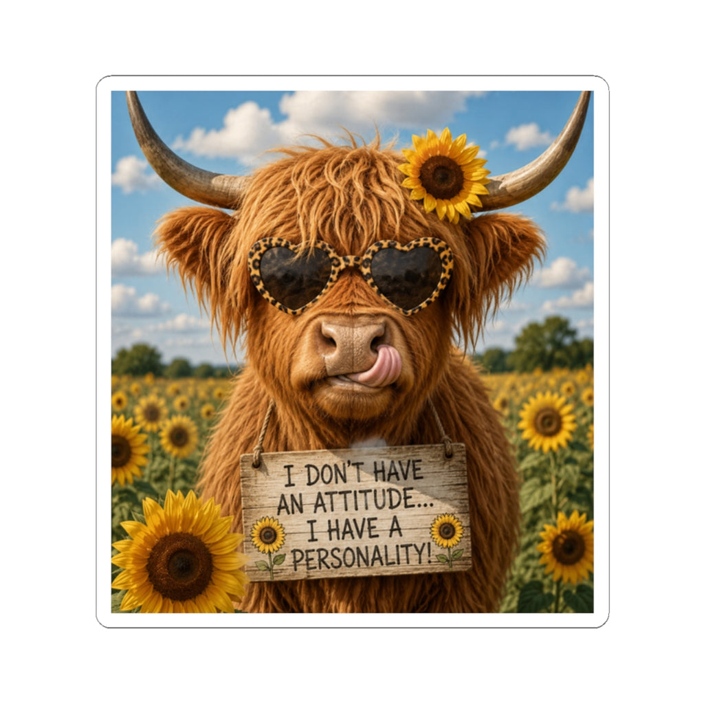 Highland Cow Sticker – "I Don't Have an Attitude... I Have a Personality" Kiss-Cut Sticker