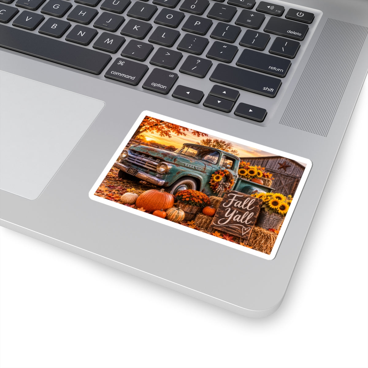 Fall Y'all Vintage Truck Sticker — Autumn Pumpkin & Sunflower Kiss-Cut Decal