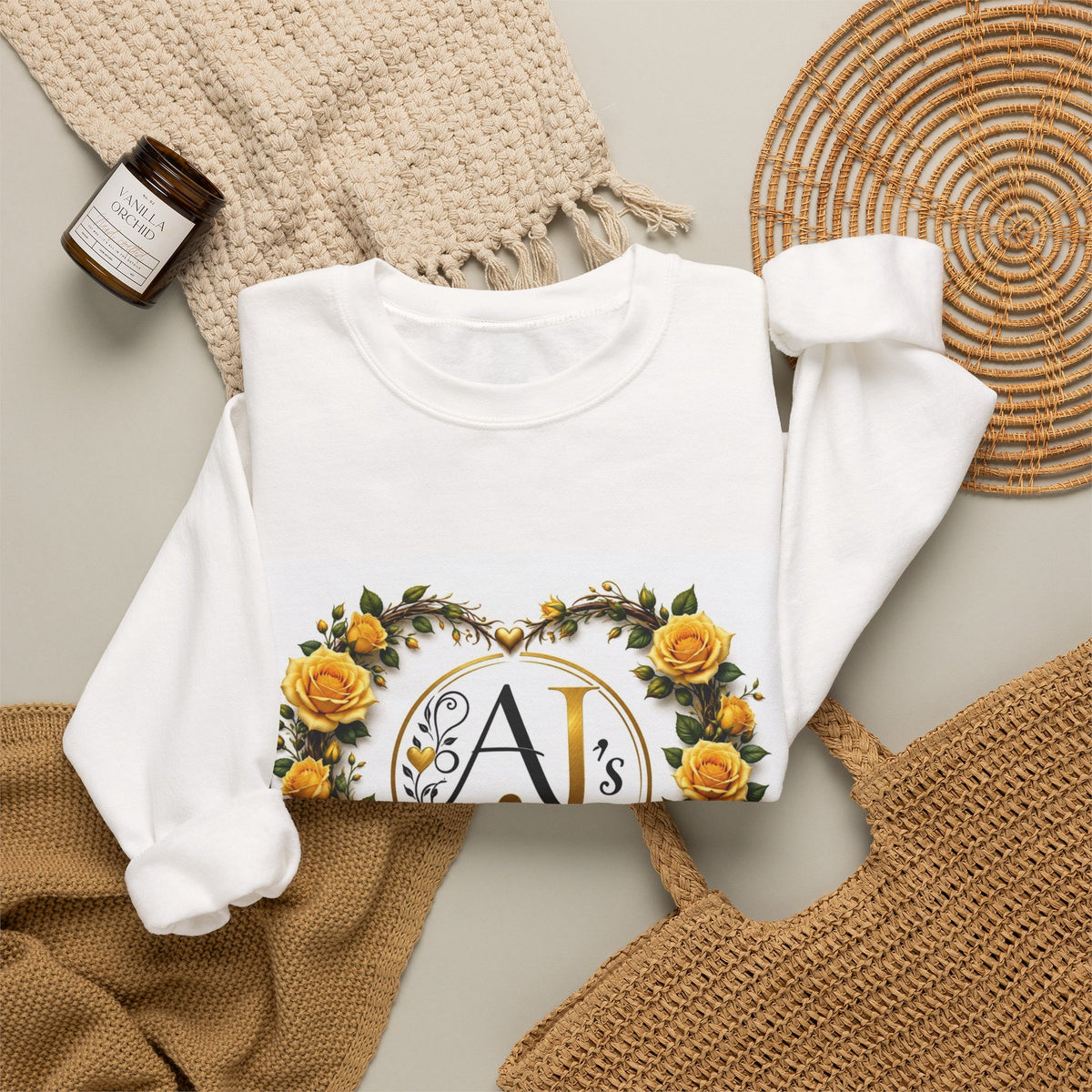 Crewneck Sweatshirt — Yellow Rose Wreath Monogram "A" Design