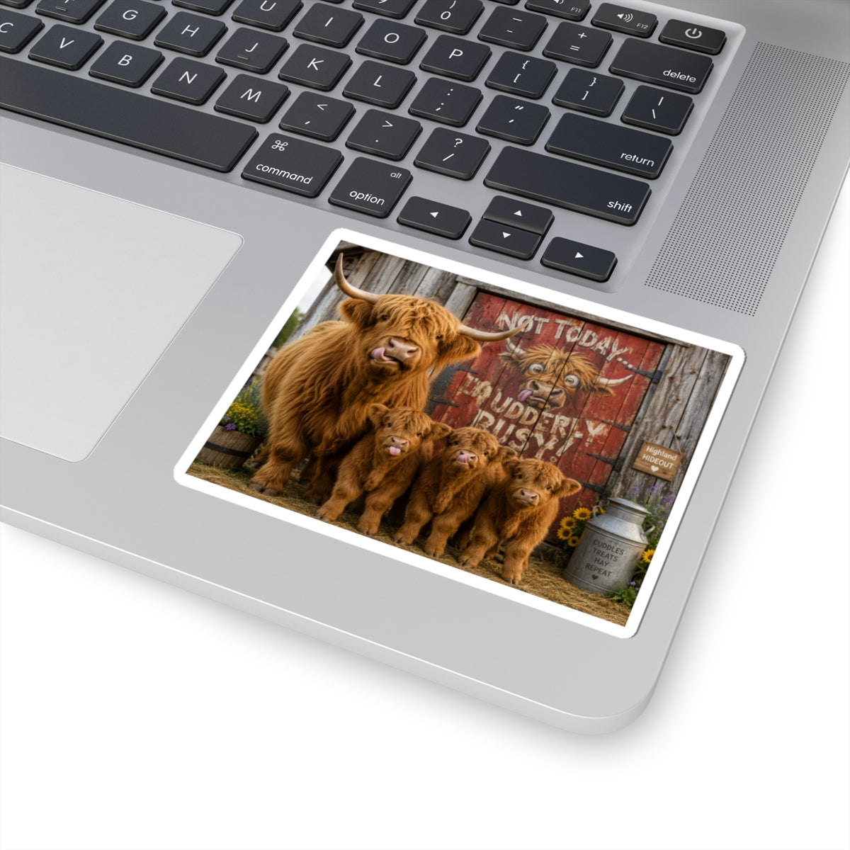 Highland Cow Family Sticker — 'Not Today, Udderly Busy' Kiss-Cut Sticker