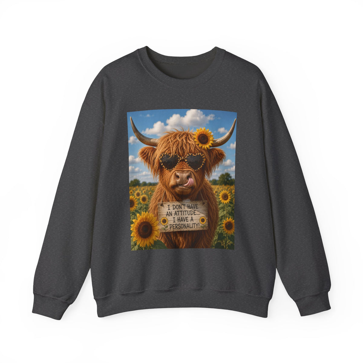 Cow with Personality Sweatshirt — Sunflower Highland Cow Crewneck