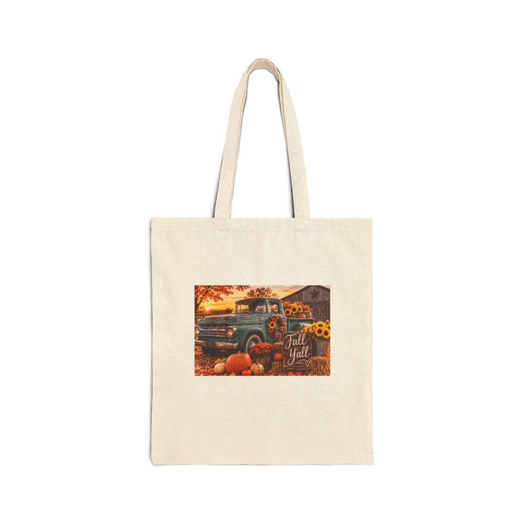 Autumn Vintage Truck Tote — Fall Pumpkin & Sunflower Cotton Canvas Bag