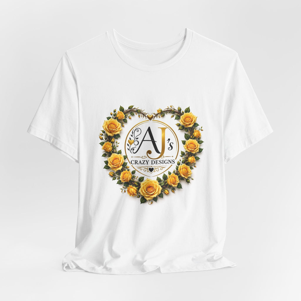 Yellow Rose Heart Monogram Tee — 'AJ Crazy Designs' Floral Logo T-Shirt