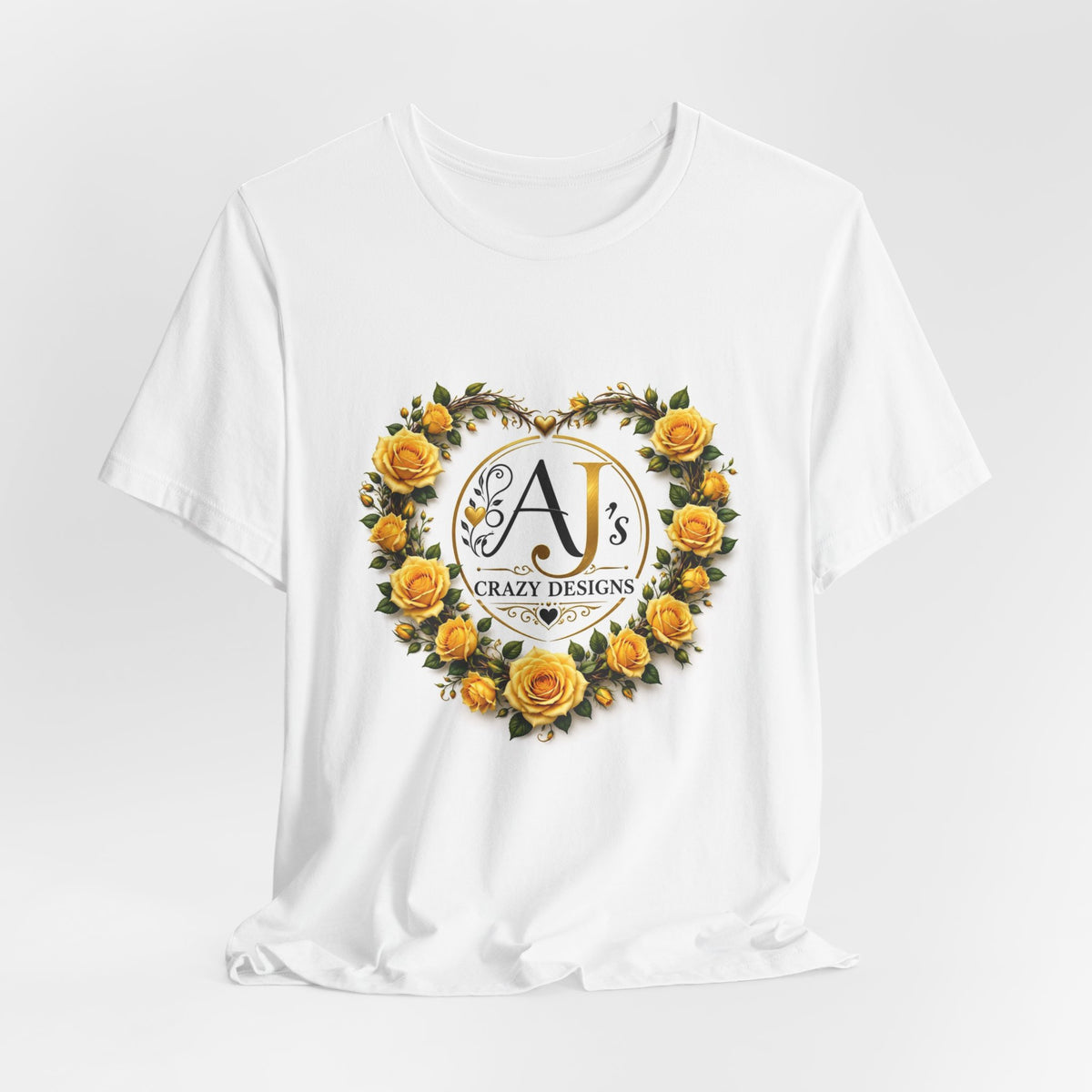 Yellow Rose Heart Monogram Tee — 'AJ Crazy Designs' Floral Logo T-Shirt