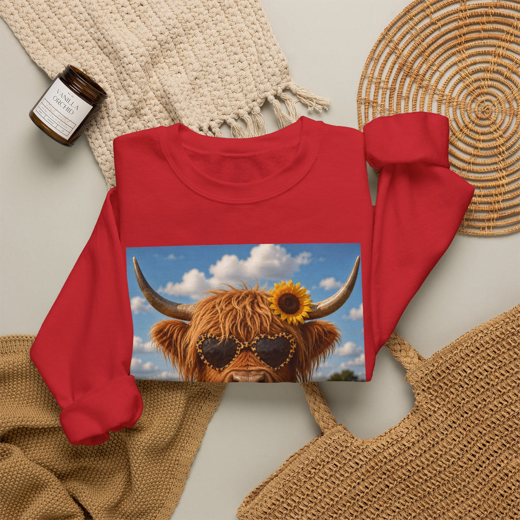 Cow with Personality Sweatshirt — Sunflower Highland Cow Crewneck