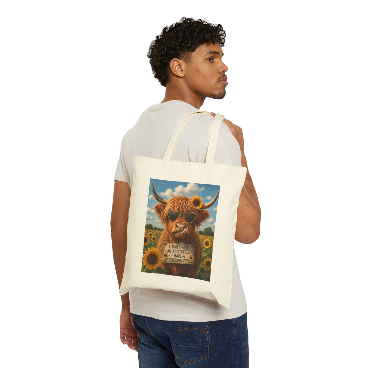 Cotton Tote — Sunflower Highland Cow 'Ain't Life A Picnic' Canvas Bag